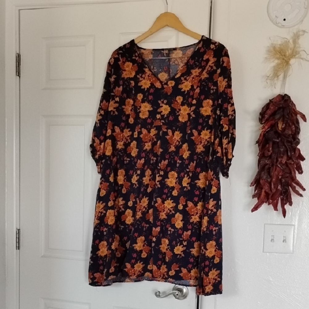 BloomChic Navy Blue and Gold 🪙 Orange Floral Mid Sleeve Babydoll Dress